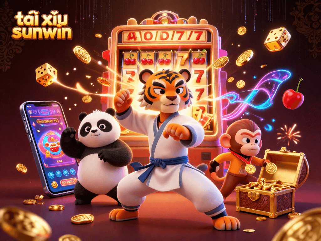 Experience the thrilling dynamics of tài xỉu sunwin with a kung fu tiger master, panda, and monkey amidst casino elements.