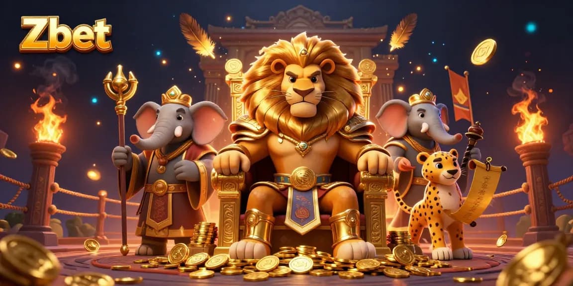 Experience thrilling gaming with Zbet's casino adventures featuring the majestic lion king and his allies.