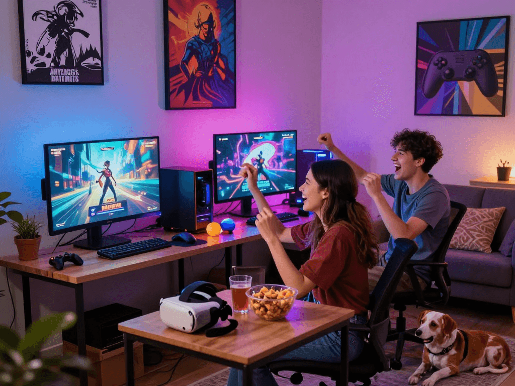 Young adults playing a porn game in a cozy apartment with vibrant lighting.