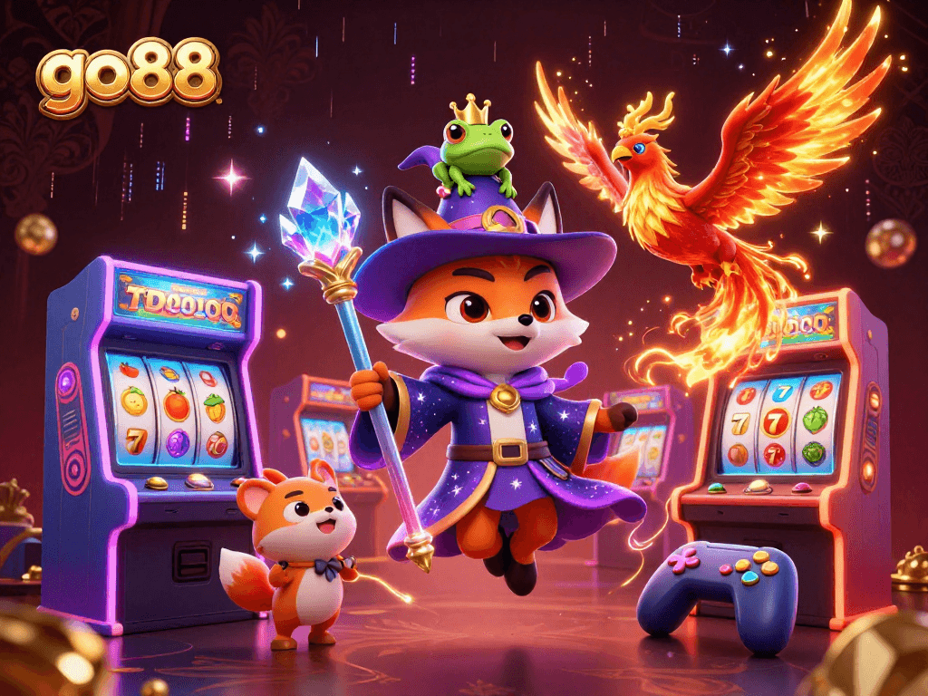Engage with go88's enchanting wizard fox and phoenix amidst vibrant casino-themed elements.