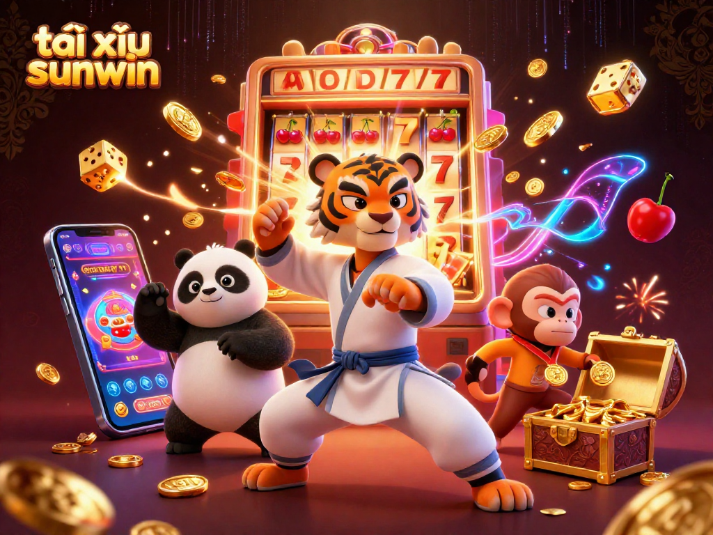 Experience the thrilling dynamics of tài xỉu sunwin with a kung fu tiger master, panda, and monkey amidst casino elements.
