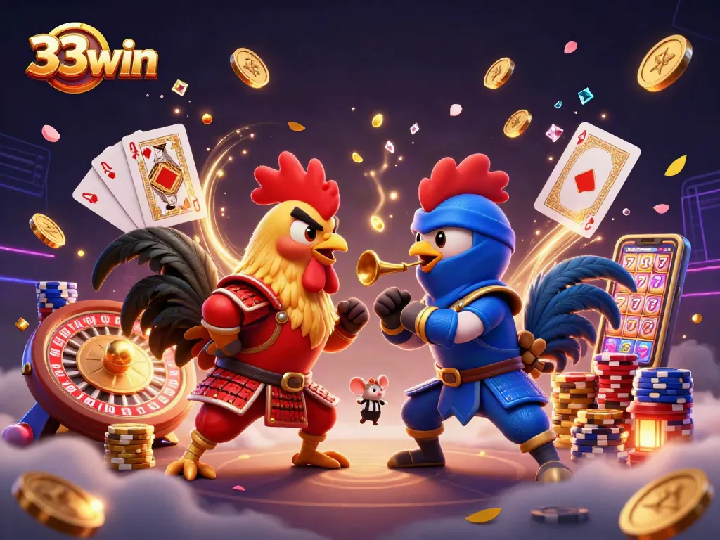 33win enhances gameplay with a dramatic showdown between rooster warriors amidst gold coins and casino elements.