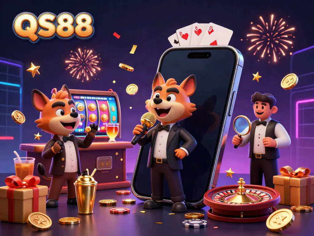 Hyenas entertain at QS88 comedy casino club, featuring vibrant gambling elements.