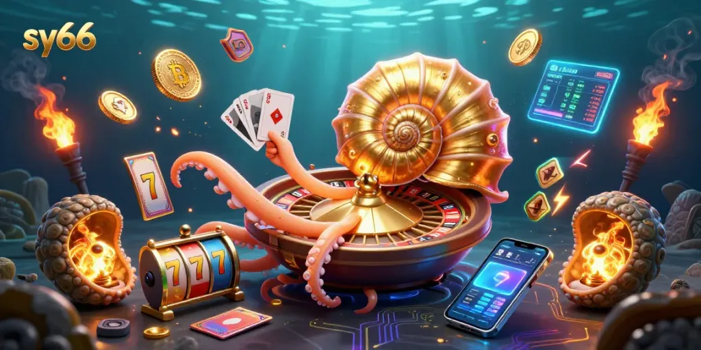 Experience high-stakes gaming with sv66’s vibrant 3D casino scene featuring a giant nautilus and crypto elements.