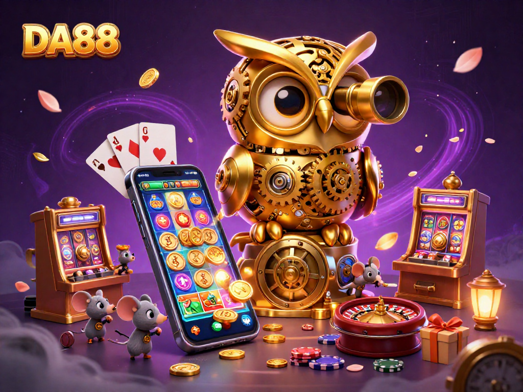 Engage in thrilling games at DA88 casino with a vibrant scene featuring a golden owl and excitement.