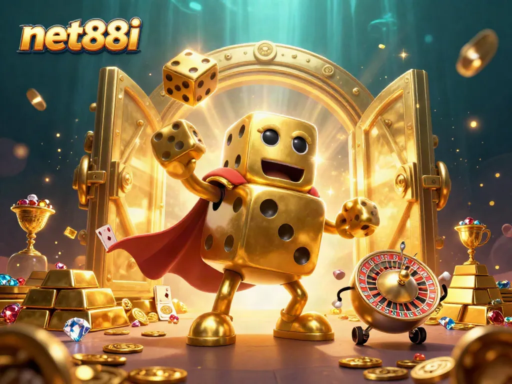 Experience the thrill of net88i with stunning golden dice and dynamic casino elements in a dazzling 3D illustration.