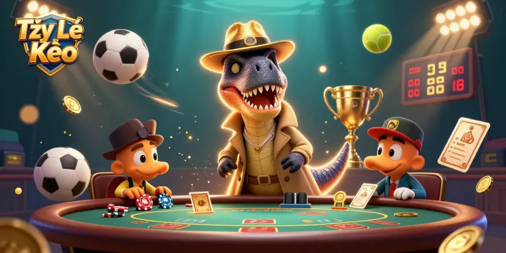 Tỷ Lệ Kèo showcases a velociraptor card counter at a blackjack table amidst dynamic soccer sports elements.