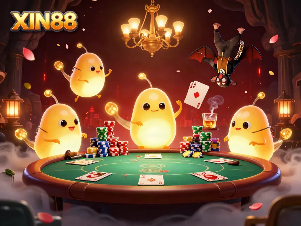 XIN88 team of glowworms illuminating a vibrant casino scene filled with poker elements and dramatic lighting.