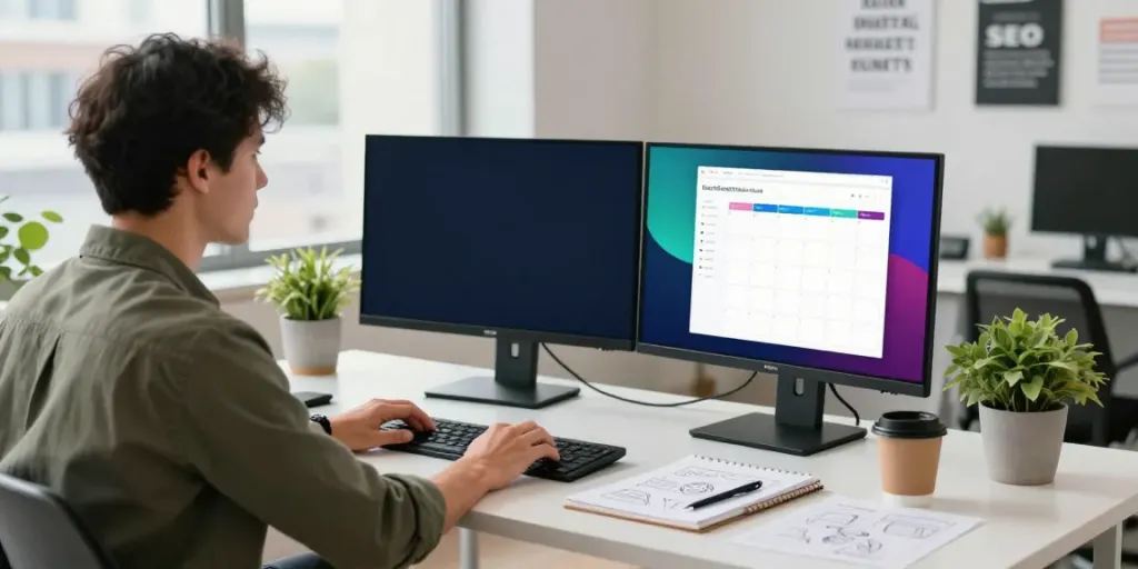 SEO professional engaged in instant indexing tasks at a modern desk.