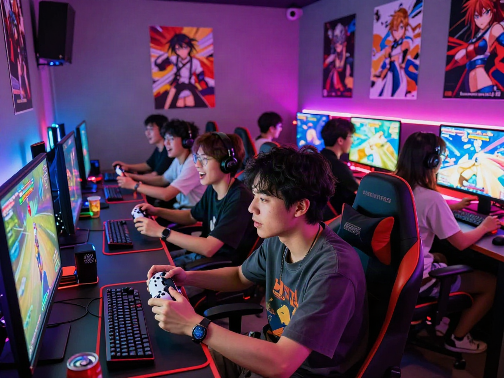 Diverse gamers enjoying a fun session of hentai games in a vibrant gaming lounge.