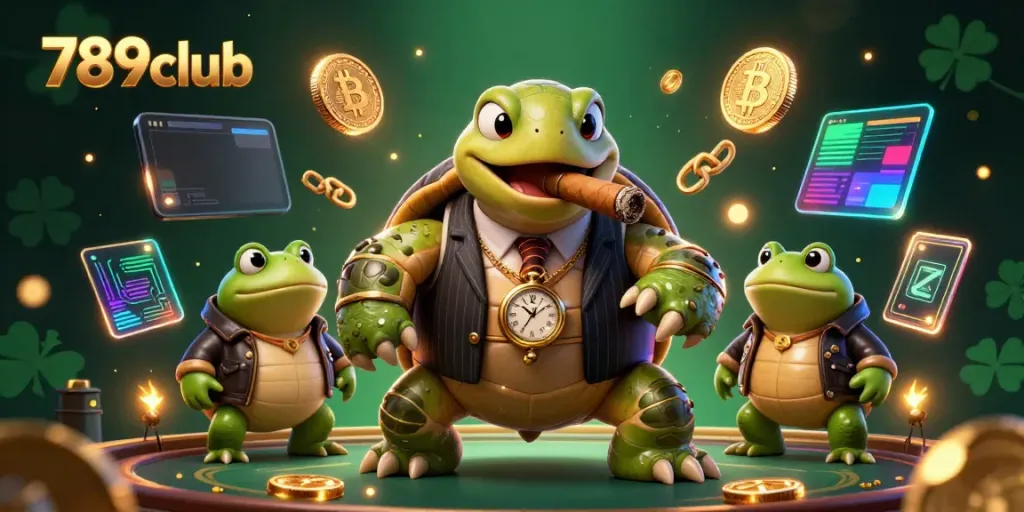 Experience the thrill of 789club with a vibrant 3D casino scene featuring an animated turtle in stylish attire and crypto elements.