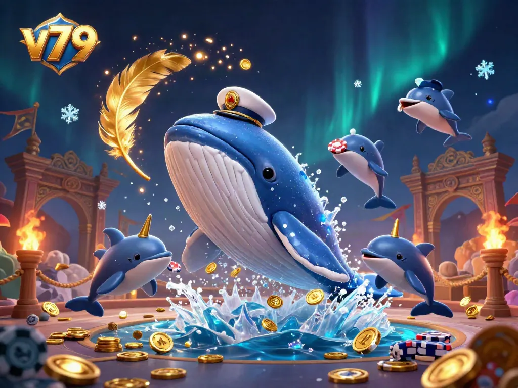 Experience excitement at v79 with a colossal whale, narwhal, and dolphins in a vibrant casino underwater scene.