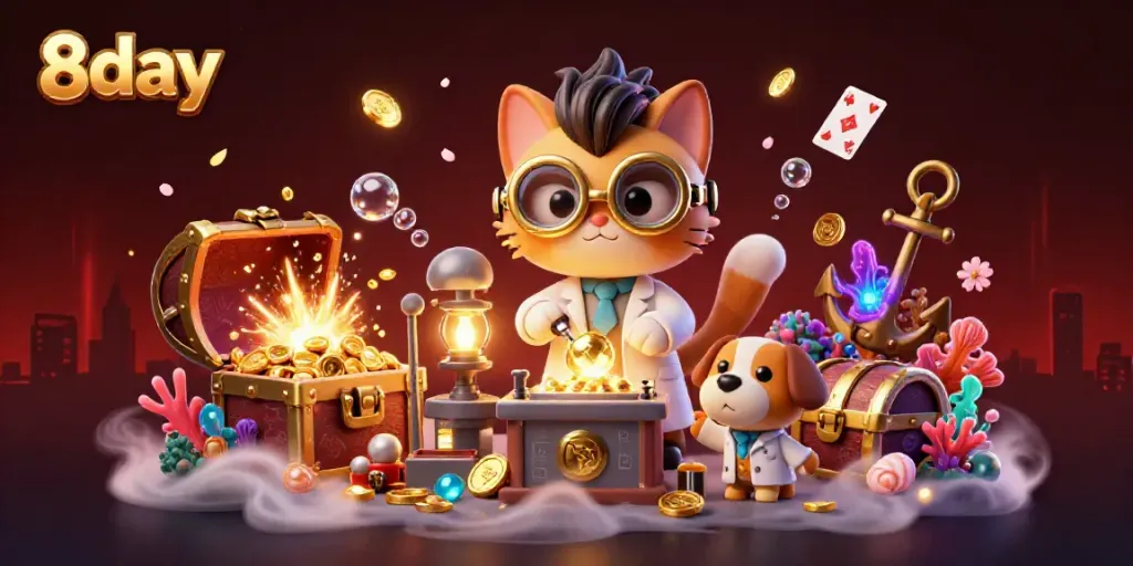 Engage in thrilling gaming action with 8day's vibrant 3D casino scene bursting with gold coins and excitement.