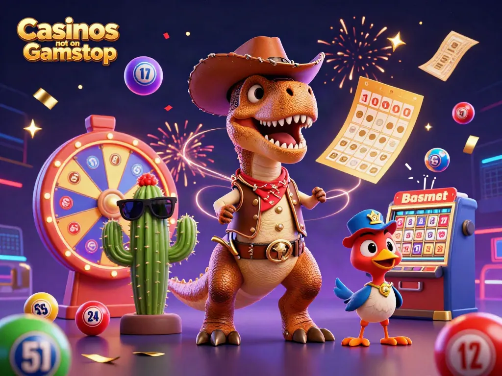 Dynamic illustration showcasing Casinos not on Gamstop with a cowboy dinosaur, cactus sidekick, and vibrant gaming elements.