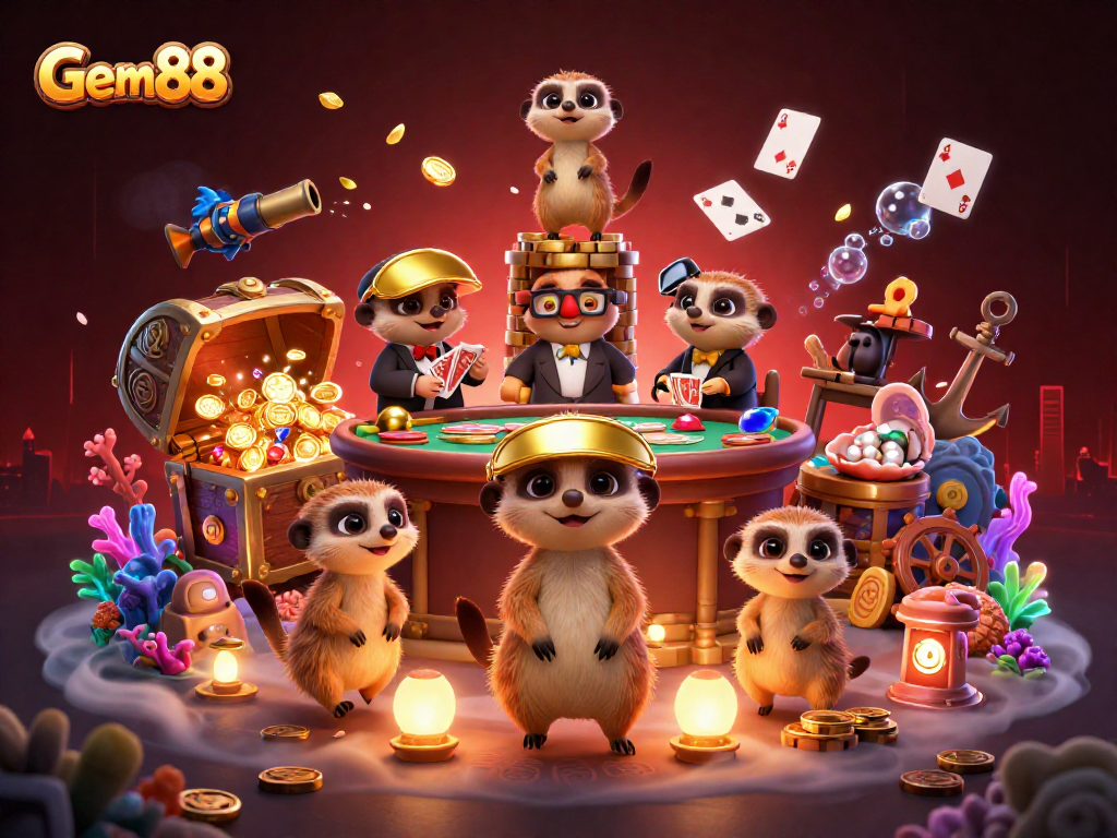 Gem88 meerkats manage a vibrant casino, surrounded by treasure and vivid gaming elements.