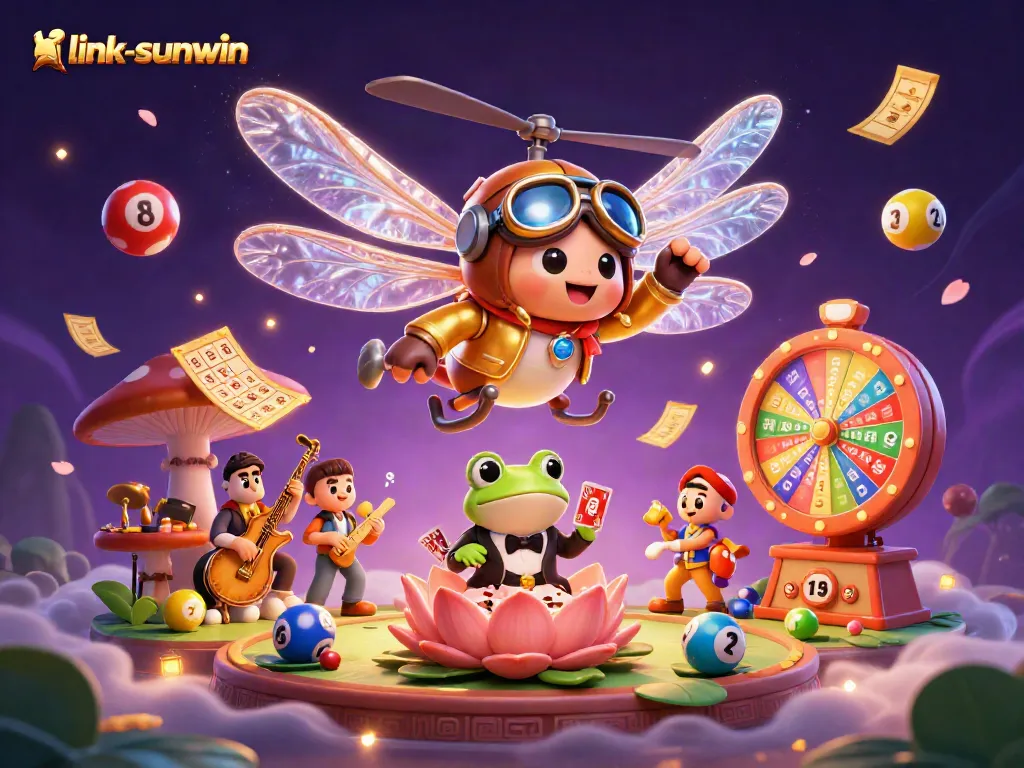Play at link-sunwin's dynamic lily pad casino featuring vibrant lottery elements and engaged characters.