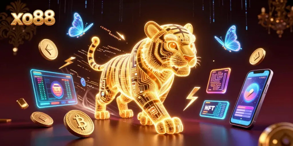 Experience dynamic gaming excitement at xo88 with vibrant casino visuals and cryptocurrency elements.