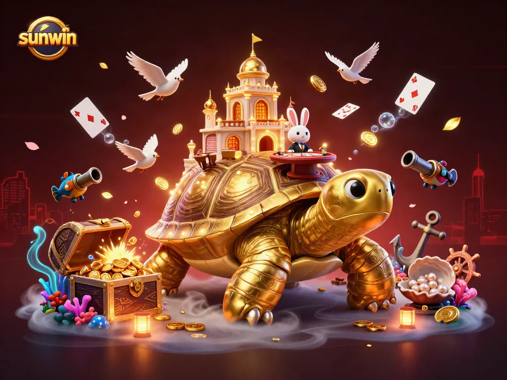 Win big with sunwin in this vibrant casino illustration featuring a playful scene of gaming and riches.