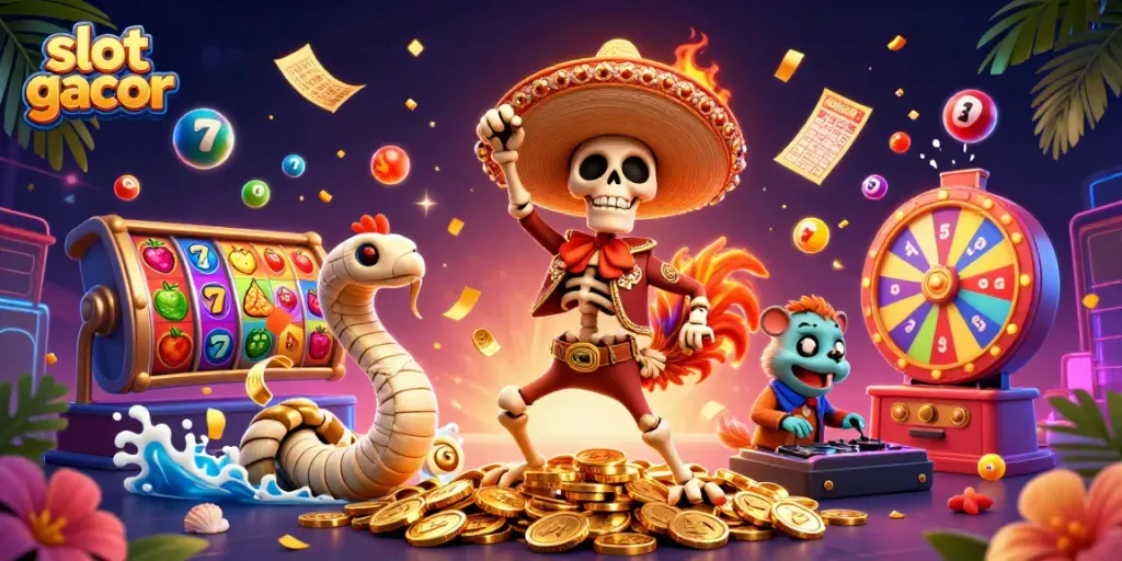 Experience excitement with slot gacor symbols, lively characters celebrating on golden coins.