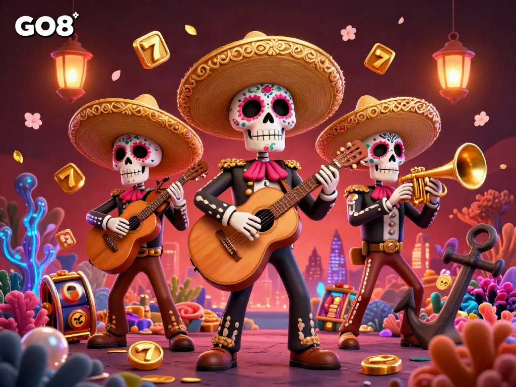 Engage with the joyful mariachi band in a vibrant GO8-themed online casino explosion of colorful slots and treasures.