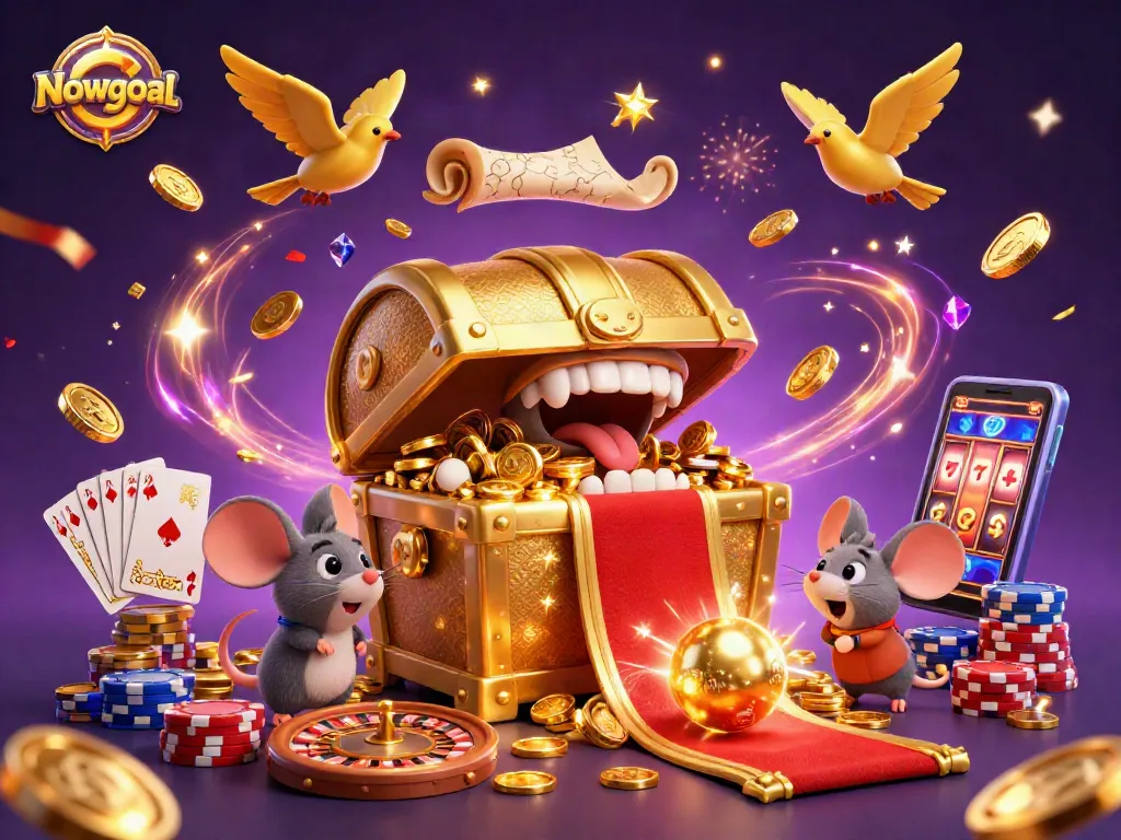 Nowgoal captivates with a colorful 3D scene of treasure, coins, and casino elements, enticing players to engage and win.