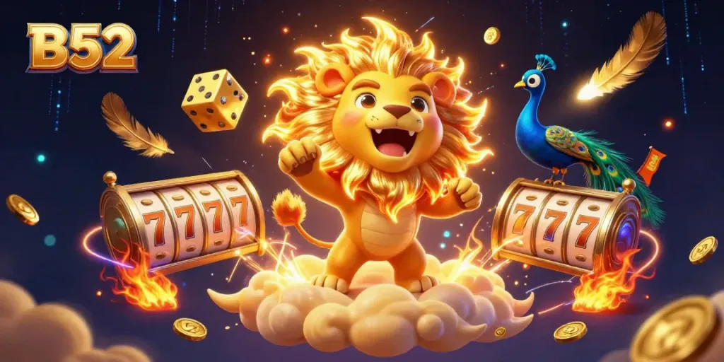 B52 casino illustration showcasing vibrant golden elements and dynamic scenes with games and rewards.