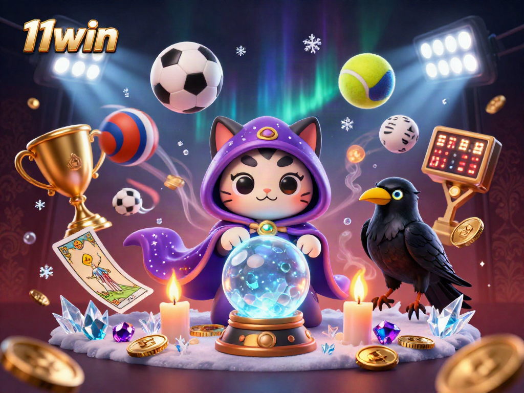 11win showcases a mystical scene with a fortune teller cat, raven, and dynamic sports elements.