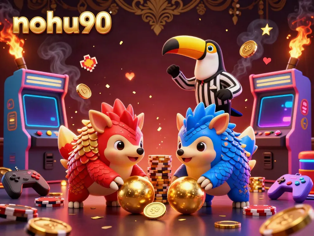 Experience excitement with nohu90's vibrant 3D illustration of pangolins bowling with poker chips in an engaging casino setting.