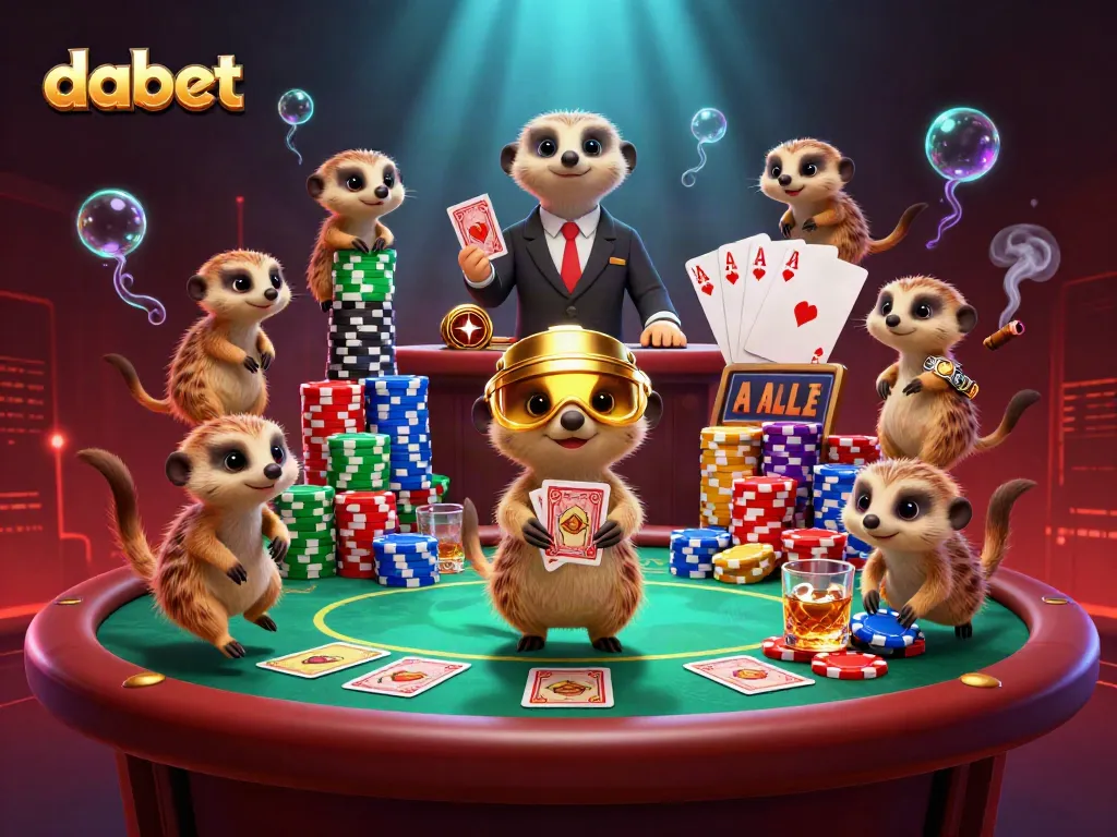 Play vibrant games at dabet with a lively meerkat casino scene featuring poker action.