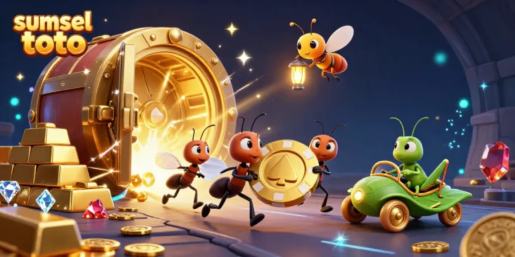 Engage with sumsel toto as ants stealthily carry a giant poker chip, surrounded by dazzling treasures.