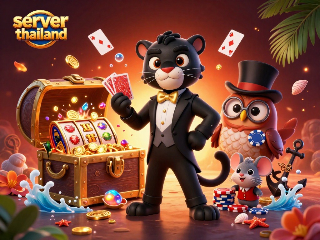 Spin your luck on server thailand with vibrant characters and casino elements in a dynamic 3D scene.