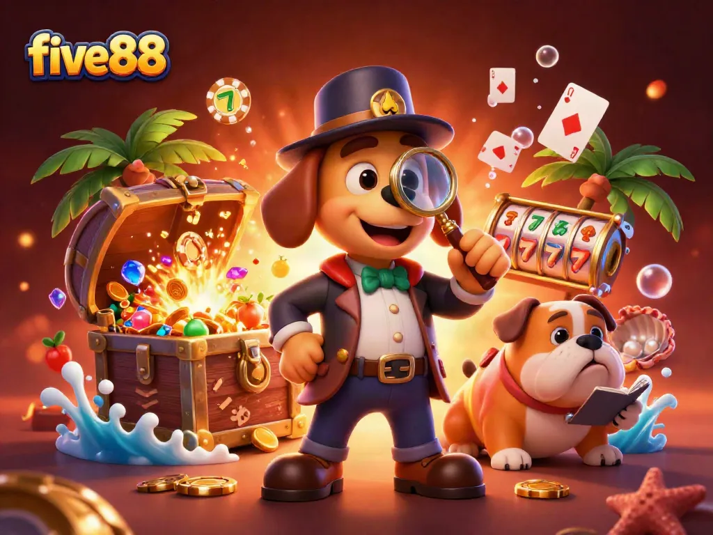 Join the adventure at five88 as our detective uncovers gaming treasures among vibrant casino elements.