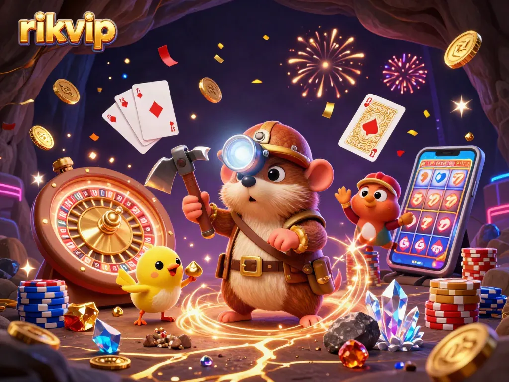 Experience the excitement of rikvip's gaming with vibrant gold coins and a treasure hunter theme.