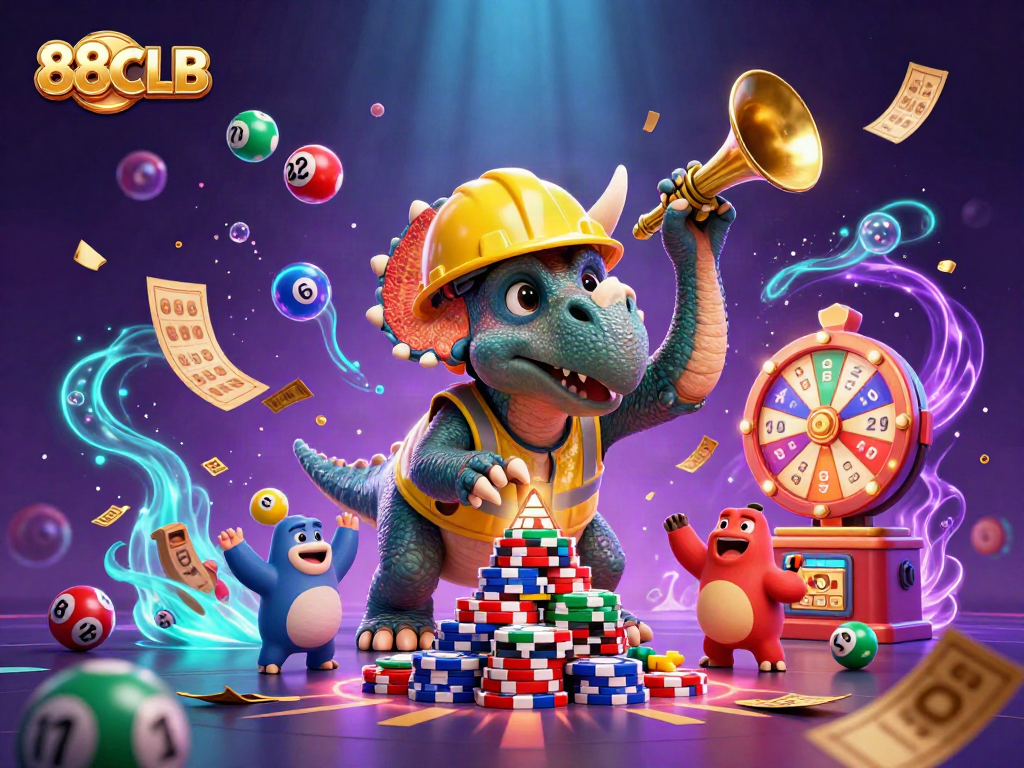 88CLB captures an exciting casino scene with vibrant characters building poker chip pyramids.