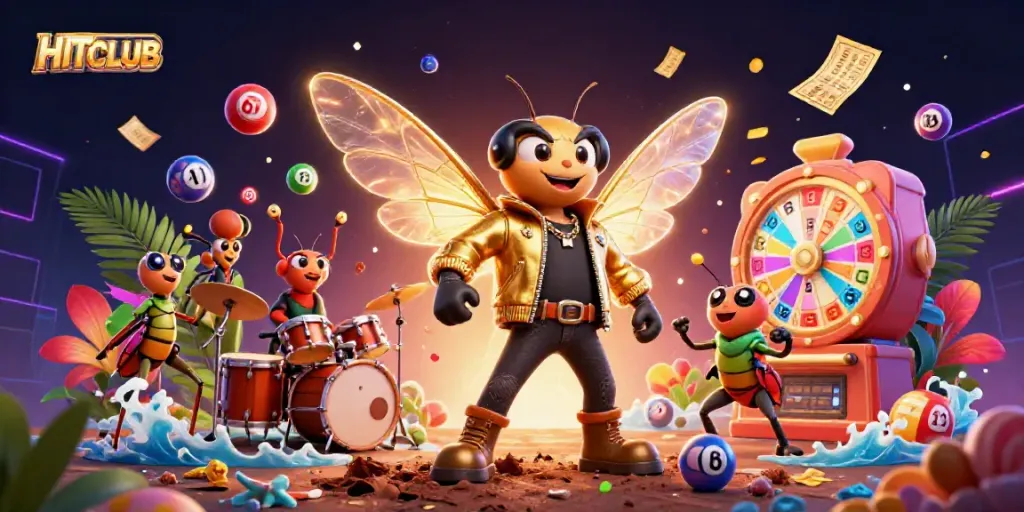 HITCLUB features a 3D cicada rock star performing with game elements: colorful lottery balls, golden tickets, and a vibrant spin wheel.
