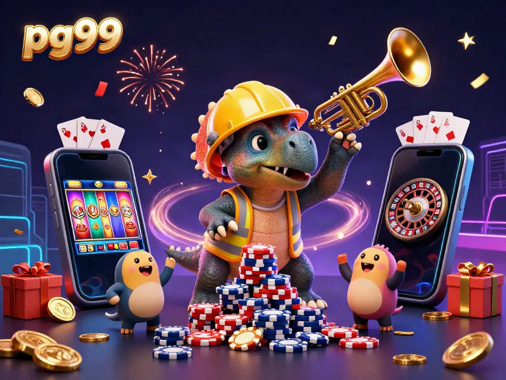 Experience the excitement at pg99, showcasing a celebratory triceratops and gaming elements.