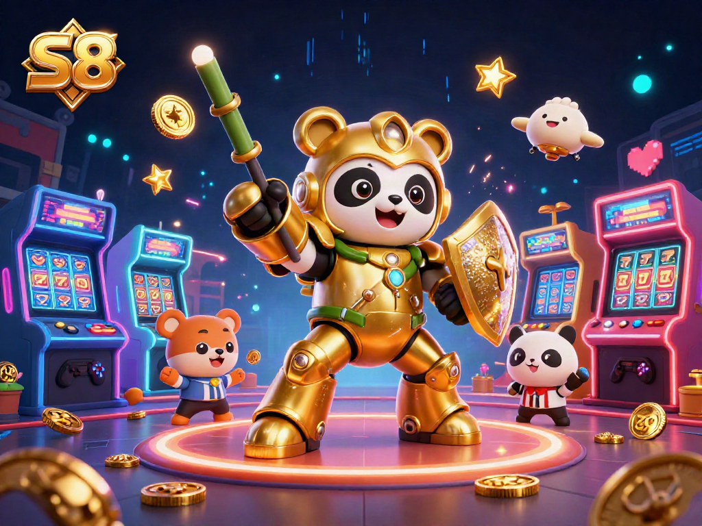 Engage with the S8 gaming experience in a vibrant casino atmosphere with characters and arcade elements.