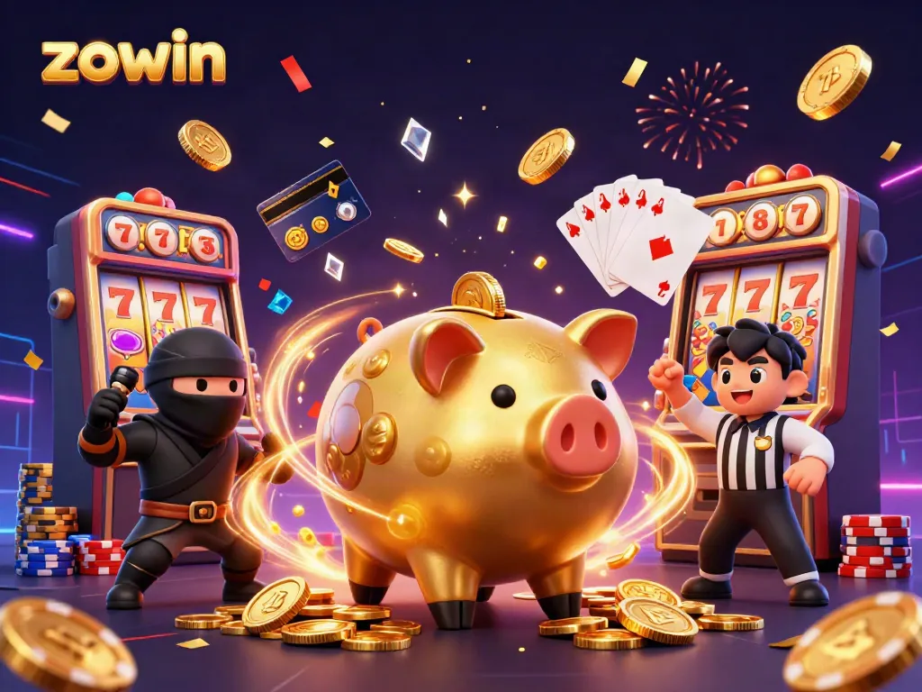 Experience thrilling gaming action with Zowin's animated casino scene featuring vibrant characters and dynamic elements.
