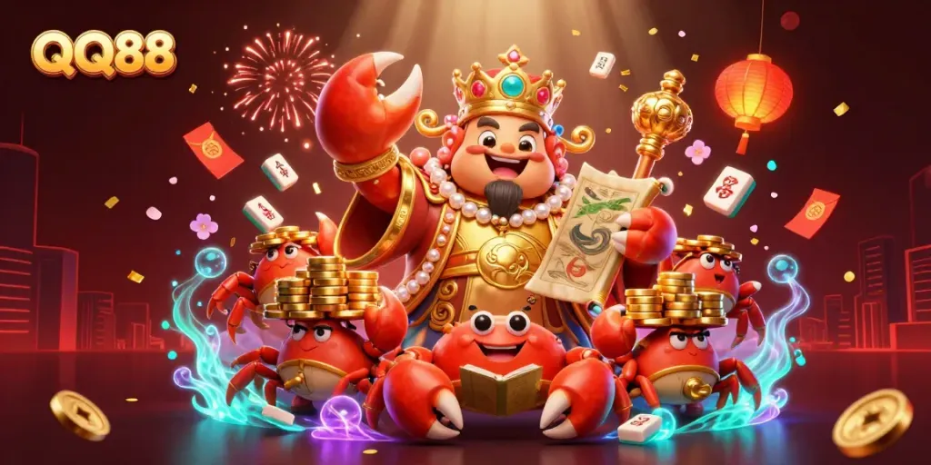 Experience the thrilling casino atmosphere with QQ88's vibrant 3D illustration featuring a golden crab emperor and treasures.