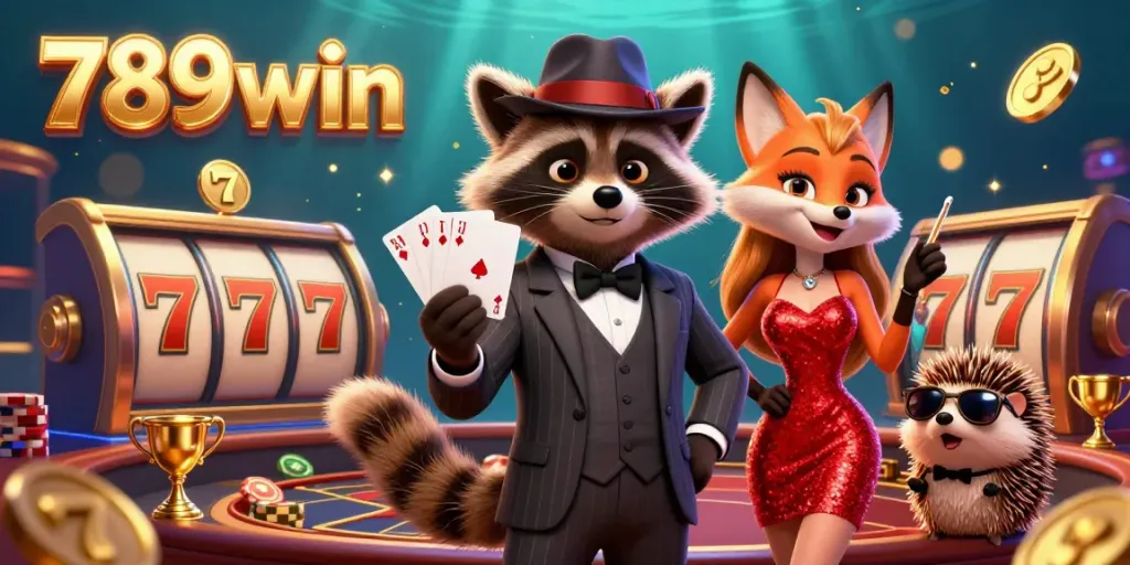 Feel the excitement of 789win in this 3D casino scene featuring charming characters and dynamic slot elements.