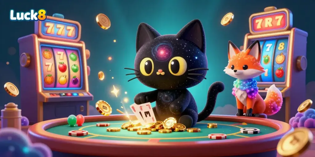 Experience the vibrant casino magic of Luck8 with a captivating cosmic theme, featuring unique characters and gambling elements.