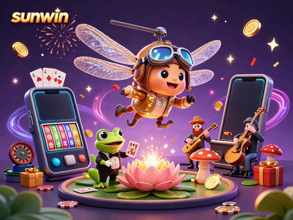 Engaging sunwin illustration showcasing a dragonfly pilot and frog croupier amidst casino action.