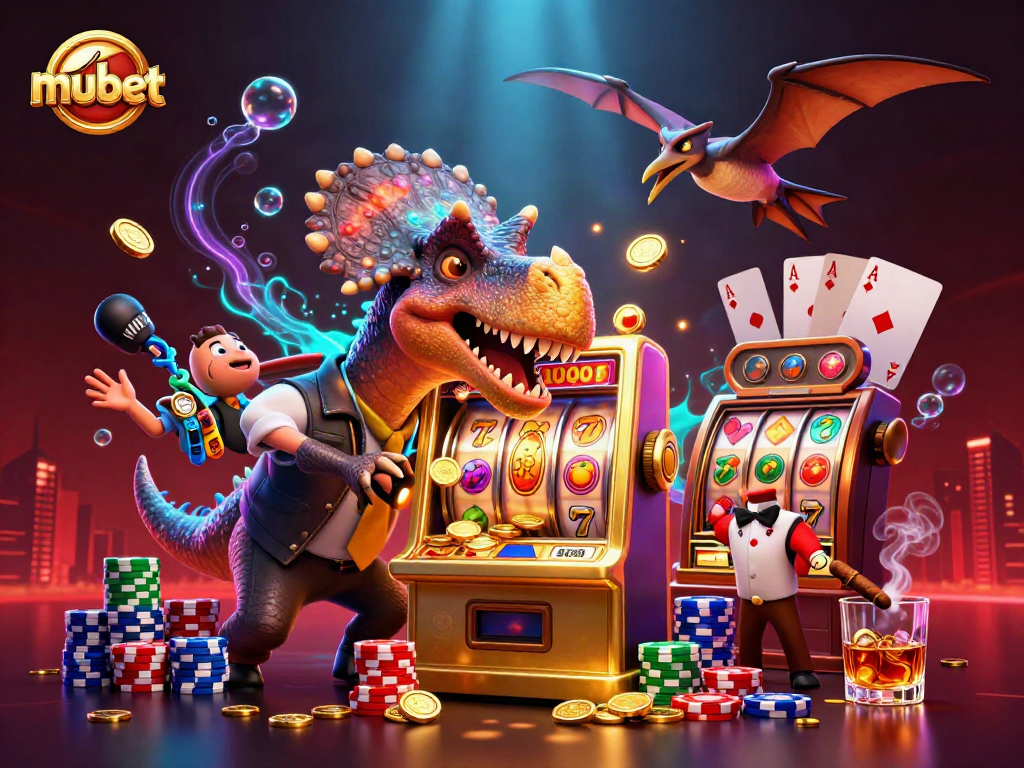 Experience the excitement of mubet with dynamic 3D illustrations of playful dinosaurs engaging in casino fun.