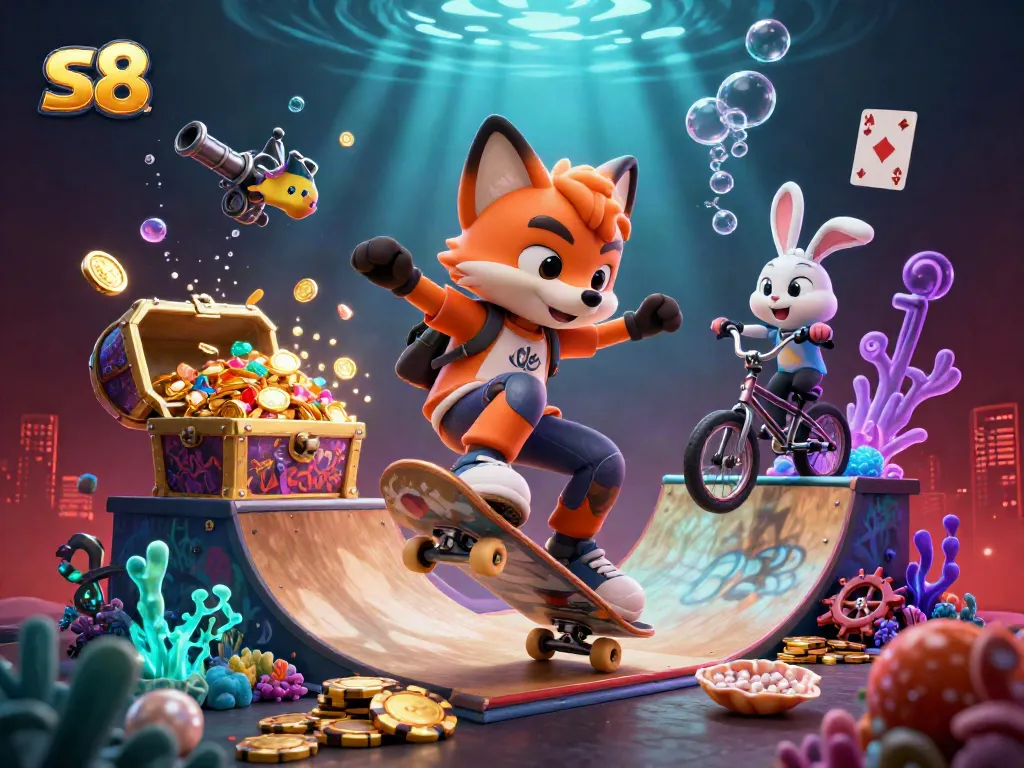 S8 casino scene with a fox skateboarding over poker chips and a rabbit performing stunts among casino-themed elements.