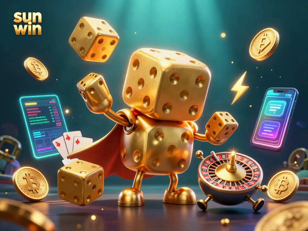 Experience thrilling casino action with sun win through a vibrant 3D dice illustration.