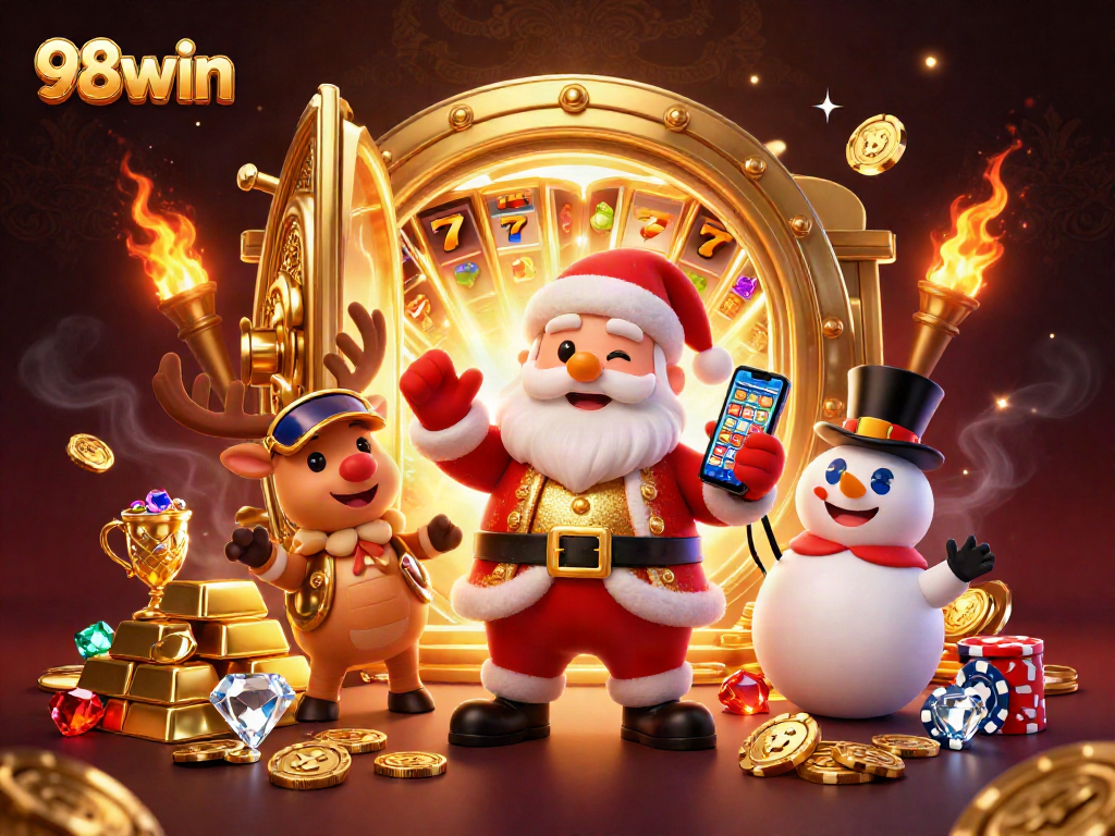 Experience the excitement of 98win with Santa and friends celebrating jackpots and slot victories!