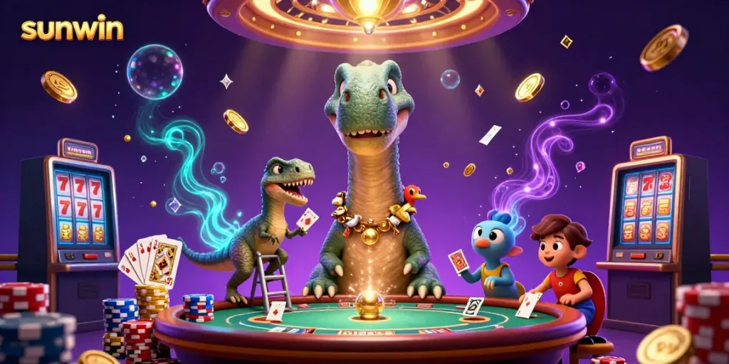 Experience thrilling fun at sunwin casino with a giant brontosaurus overseeing a lively poker game surrounded by glittering coins.