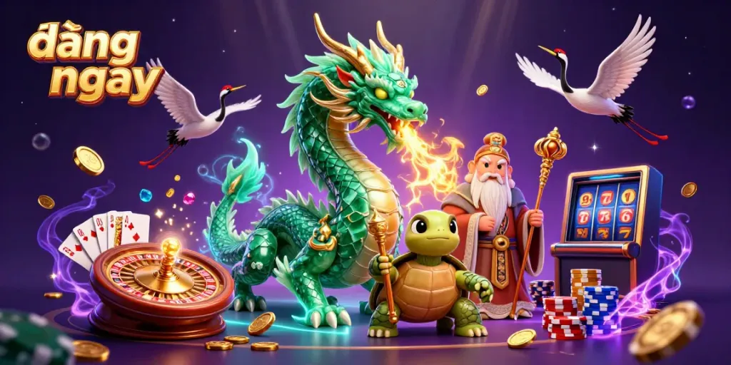Engage with the vibrant casino scene showcasing the dragon and turtle sage symbolizing đăng ký ngay.