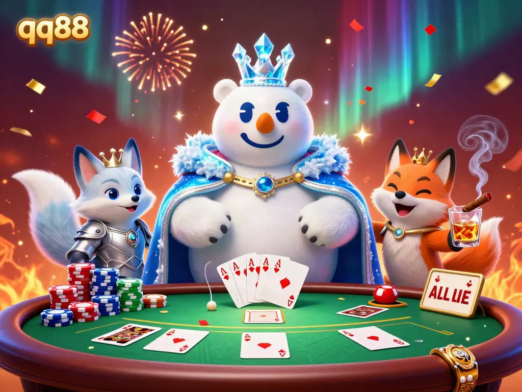 Experience the thrill of poker with qq88’s ultra-detailed 3D illustration showcasing a polar bear king and silver fox amid vibrant casino elements.