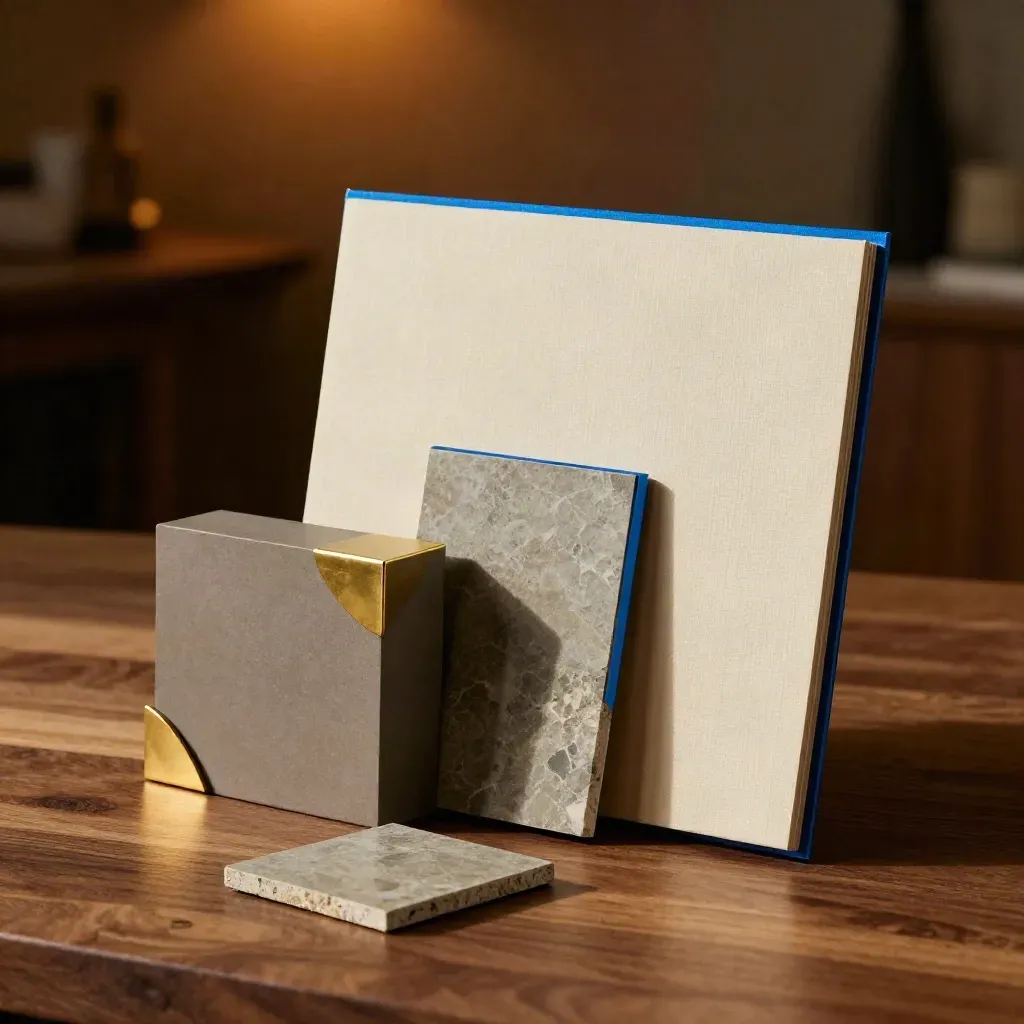 Architectural studio material samples in warm light: board, block, brass corner, stone chip, blue accent.